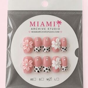 Pink Cow Print Flower Press-On Nails | Handmade 3D Floral Nail Set